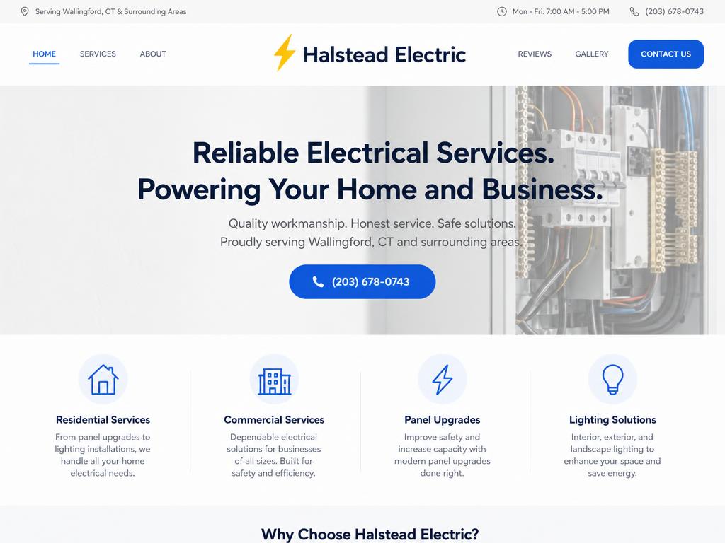 Homepage of the Halstead Electric electrical website