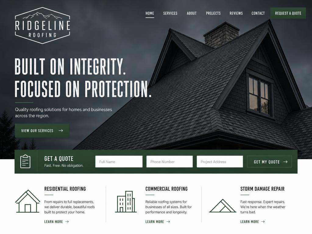 Homepage of the Ridgeline Roofing roofing website